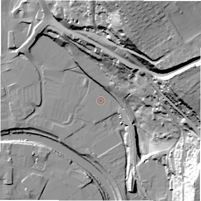 Shaded relief map of the ground around WF128DZ, computed from Environment Agency LiDAR. The ground here sits at about 39 m above sea level and falls 79 m across the surrounding 800 m. Surface water reaching this point runs off ground lying to the east-north-east, 66.2 m higher.