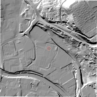 Shaded relief map of the ground around WF128EB, computed from Environment Agency LiDAR. The ground here sits at about 38 m above sea level and falls 80 m across the surrounding 800 m. Surface water reaching this point runs off ground lying to the east, 1.3 m higher.