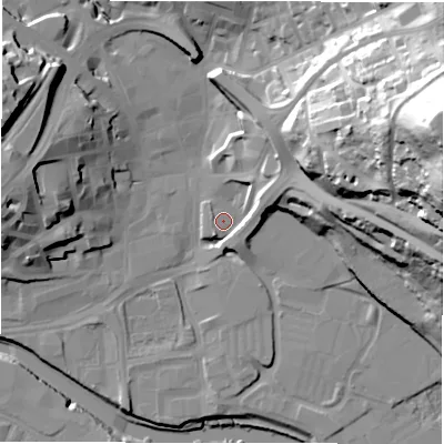 Shaded relief map of the ground around WF128EE, computed from Environment Agency LiDAR. The ground here sits at about 39 m above sea level and falls 79 m across the surrounding 800 m. Surface water reaching this point runs off ground lying to the east-north-east, 72.5 m higher.