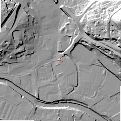 Shaded relief map of the ground around WF128EF, computed from Environment Agency LiDAR. The ground here sits at about 38 m above sea level and falls 78 m across the surrounding 800 m. Surface water reaching this point runs off ground lying to the north-east, 4.9 m higher.