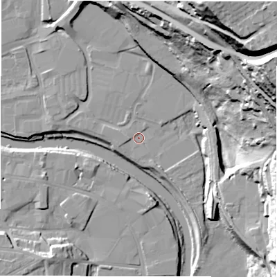 Shaded relief map of the ground around WF128EH, computed from Environment Agency LiDAR. The ground here sits at about 37 m above sea level and falls 74 m across the surrounding 800 m. Surface water reaching this point runs off ground lying to the north-east, 68.0 m higher.