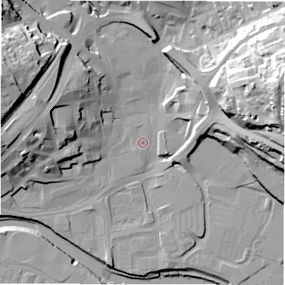 Shaded relief map of the ground around WF128EN, computed from Environment Agency LiDAR. The ground here sits at about 38 m above sea level and falls 55 m across the surrounding 800 m. Surface water reaching this point runs off ground lying to the south-south-west, 2.4 m higher.