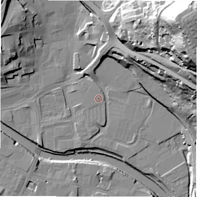 Shaded relief map of the ground around WF128EQ, computed from Environment Agency LiDAR. The ground here sits at about 39 m above sea level and falls 80 m across the surrounding 800 m. Surface water reaching this point runs off ground lying to the south, 0.7 m higher.