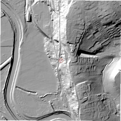 Shaded relief map of the ground around WF128JZ, computed from Environment Agency LiDAR. The ground here sits at about 51 m above sea level and falls 63 m across the surrounding 800 m. Surface water reaching this point runs off ground lying to the north-east, 34.1 m higher.