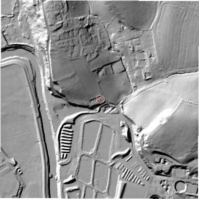 Shaded relief map of the ground around WF128LL, computed from Environment Agency LiDAR. The ground here sits at about 42 m above sea level and falls 42 m across the surrounding 800 m. Surface water reaching this point runs off ground lying to the north-west, 18.6 m higher.