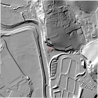 Shaded relief map of the ground around WF128LN, computed from Environment Agency LiDAR. The ground here sits at about 37 m above sea level and falls 42 m across the surrounding 800 m. Surface water reaching this point runs off ground lying to the north, 28.4 m higher.