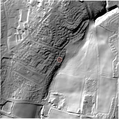 Shaded relief map of the ground around WF128PG, computed from Environment Agency LiDAR. The ground here sits at about 79 m above sea level and falls 59 m across the surrounding 800 m. Surface water reaching this point runs off ground lying to the north, 31.3 m higher.