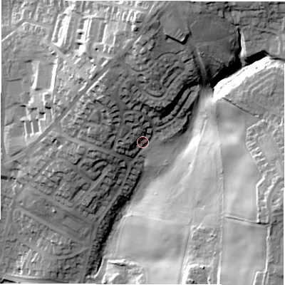 Shaded relief map of the ground around WF128PP, computed from Environment Agency LiDAR. The ground here sits at about 87 m above sea level and falls 56 m across the surrounding 800 m. Surface water reaching this point runs off ground lying to the north-north-west, 15.8 m higher.