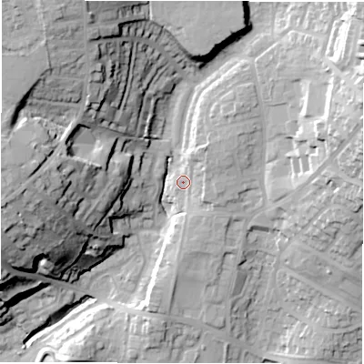 Shaded relief map of the ground around WF128RH, computed from Environment Agency LiDAR. The ground here sits at about 70 m above sea level and falls 45 m across the surrounding 800 m. Surface water reaching this point runs off ground lying to the north-east, 6.8 m higher.