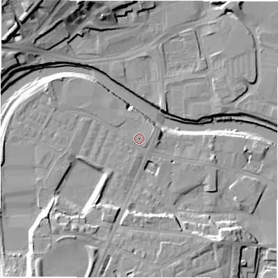 Shaded relief map of the ground around WF129AE, computed from Environment Agency LiDAR. The ground here sits at about 38 m above sea level and falls 23 m across the surrounding 800 m. Surface water reaching this point runs off ground lying to the east-north-east, 2.4 m higher.