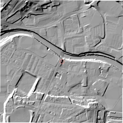 Shaded relief map of the ground around WF129AF, computed from Environment Agency LiDAR. The ground here sits at about 39 m above sea level and falls 23 m across the surrounding 800 m. Surface water reaching this point runs off ground lying to the south-south-west, 1.6 m higher.