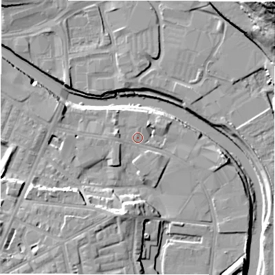 Shaded relief map of the ground around WF129AG, computed from Environment Agency LiDAR. The ground here sits at about 37 m above sea level and falls 41 m across the surrounding 800 m. Surface water reaching this point runs off ground lying to the west-north-west, 1.8 m higher.