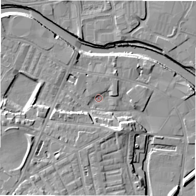 Shaded relief map of the ground around WF129AH, computed from Environment Agency LiDAR. The ground here sits at about 36 m above sea level and falls 18 m across the surrounding 800 m. Surface water reaching this point runs off ground lying to the south-west, 15.5 m higher.