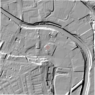 Shaded relief map of the ground around WF129AL, computed from Environment Agency LiDAR. The ground here sits at about 38 m above sea level and falls 27 m across the surrounding 800 m. Surface water reaching this point runs off ground lying to the south-west, 13.5 m higher.