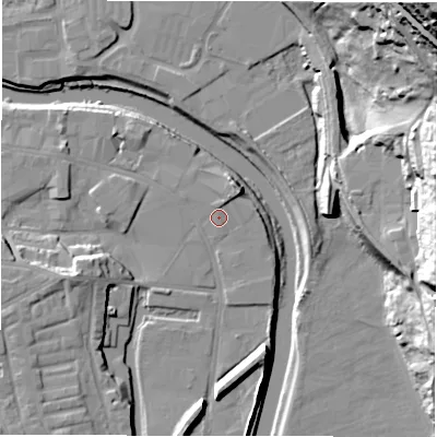 Shaded relief map of the ground around WF129AN, computed from Environment Agency LiDAR. The ground here sits at about 37 m above sea level and falls 69 m across the surrounding 800 m. Surface water reaching this point runs off ground lying to the north, 1.1 m higher.