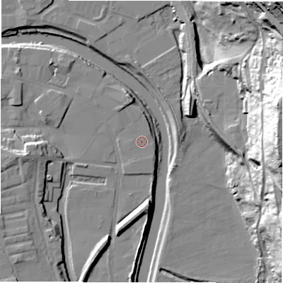 Shaded relief map of the ground around WF129AP, computed from Environment Agency LiDAR. The ground here sits at about 37 m above sea level and falls 65 m across the surrounding 800 m. Surface water reaching this point runs off ground lying to the north-north-west, 1.6 m higher.