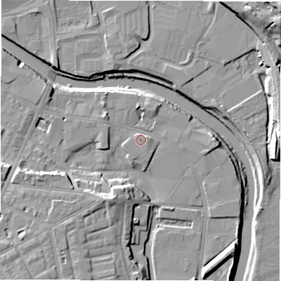 Shaded relief map of the ground around WF129AQ, computed from Environment Agency LiDAR. The ground here sits at about 38 m above sea level and falls 34 m across the surrounding 800 m. Surface water reaching this point runs off ground lying to the south-south-east, 0.6 m higher.