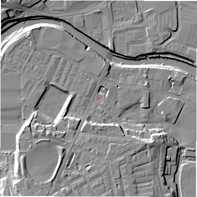Shaded relief map of the ground around WF129AR, computed from Environment Agency LiDAR. The ground here sits at about 37 m above sea level and falls 17 m across the surrounding 800 m. Surface water reaching this point runs off ground lying to the south-south-west, 13.6 m higher.