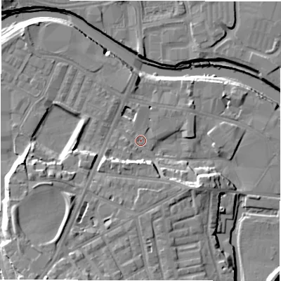 Shaded relief map of the ground around WF129AT, computed from Environment Agency LiDAR. The ground here sits at about 37 m above sea level and falls 18 m across the surrounding 800 m. Surface water reaching this point runs off ground lying to the south-west, 15.5 m higher.