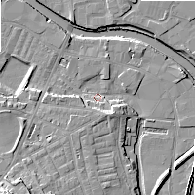 Shaded relief map of the ground around WF129AU, computed from Environment Agency LiDAR. The ground here sits at about 37 m above sea level and falls 25 m across the surrounding 800 m. Surface water reaching this point runs off ground lying to the south-south-west, 15.7 m higher.