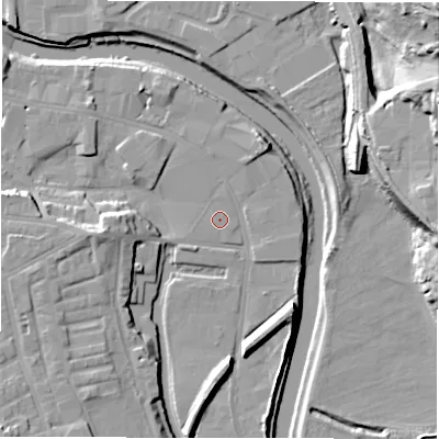 Shaded relief map of the ground around WF129AW, computed from Environment Agency LiDAR. The ground here sits at about 37 m above sea level and falls 39 m across the surrounding 800 m. The ground contributing surface water to this point lies to the south.