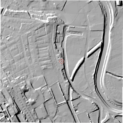 Shaded relief map of the ground around WF129AY, computed from Environment Agency LiDAR. The ground here sits at about 41 m above sea level and falls 44 m across the surrounding 800 m. Surface water reaching this point runs off ground lying to the west-south-west, 13.2 m higher.