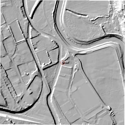 Shaded relief map of the ground around WF129BB, computed from Environment Agency LiDAR. The ground here sits at about 39 m above sea level and falls 40 m across the surrounding 800 m. Surface water reaching this point runs off ground lying to the west-south-west, 7.8 m higher.