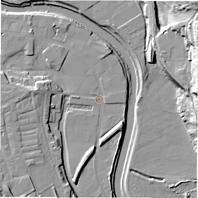 Shaded relief map of the ground around WF129BD, computed from Environment Agency LiDAR. The ground here sits at about 36 m above sea level and falls 37 m across the surrounding 800 m. Surface water reaching this point runs off ground lying to the west, 8.9 m higher.
