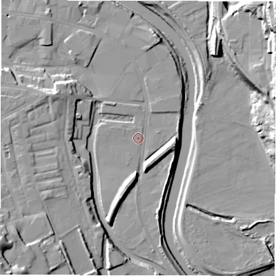 Shaded relief map of the ground around WF129BE, computed from Environment Agency LiDAR. The ground here sits at about 36 m above sea level and falls 30 m across the surrounding 800 m. Surface water reaching this point runs off ground lying to the west-north-west, 8.9 m higher.