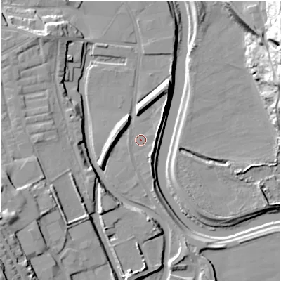 Shaded relief map of the ground around WF129BQ, computed from Environment Agency LiDAR. The ground here sits at about 36 m above sea level and falls 35 m across the surrounding 800 m. Surface water reaching this point runs off ground lying to the north-east, 3.0 m higher.