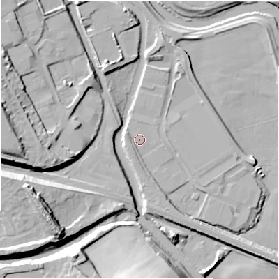 Shaded relief map of the ground around WF129BS, computed from Environment Agency LiDAR. The ground here sits at about 37 m above sea level and falls 26 m across the surrounding 800 m. Surface water reaching this point runs off ground lying to the south-south-west, 2.5 m higher.