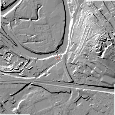 Shaded relief map of the ground around WF129BU, computed from Environment Agency LiDAR. The ground here sits at about 40 m above sea level and falls 44 m across the surrounding 800 m. Surface water reaching this point runs off ground lying to the east, 6.1 m higher.