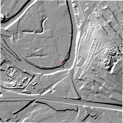 Shaded relief map of the ground around WF129BX, computed from Environment Agency LiDAR. The ground here sits at about 39 m above sea level and falls 44 m across the surrounding 800 m. Surface water reaching this point runs off ground lying to the south-east, 6.1 m higher.