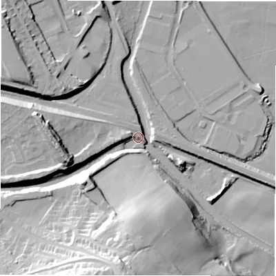 Shaded relief map of the ground around WF129BZ, computed from Environment Agency LiDAR. The ground here sits at about 39 m above sea level and falls 43 m across the surrounding 800 m. Surface water reaching this point runs off ground lying to the west, 19.3 m higher.