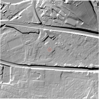 Shaded relief map of the ground around WF129DE, computed from Environment Agency LiDAR. The ground here sits at about 40 m above sea level and falls 38 m across the surrounding 800 m. Surface water reaching this point runs off ground lying to the east-north-east, 11.0 m higher.