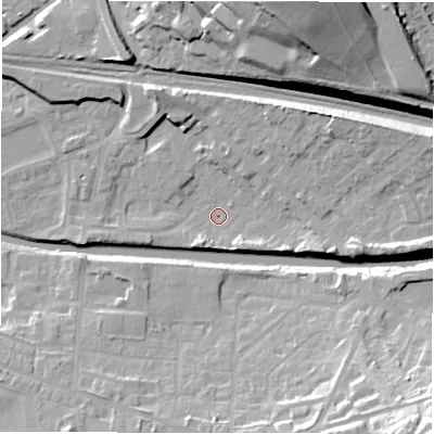 Shaded relief map of the ground around WF129DF, computed from Environment Agency LiDAR. The ground here sits at about 39 m above sea level and falls 29 m across the surrounding 800 m. Surface water reaching this point runs off ground lying to the east-north-east, 11.4 m higher.