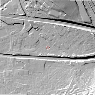 Shaded relief map of the ground around WF129DG, computed from Environment Agency LiDAR. The ground here sits at about 39 m above sea level and falls 30 m across the surrounding 800 m. Surface water reaching this point runs off ground lying to the east-north-east, 16.7 m higher.