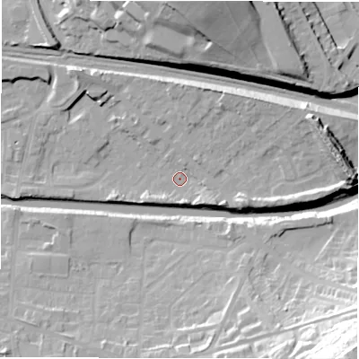 Shaded relief map of the ground around WF129DH, computed from Environment Agency LiDAR. The ground here sits at about 40 m above sea level and falls 44 m across the surrounding 800 m. Surface water reaching this point runs off ground lying to the east, 16.4 m higher.