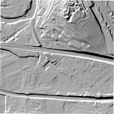 Shaded relief map of the ground around WF129DJ, computed from Environment Agency LiDAR. The ground here sits at about 44 m above sea level and falls 41 m across the surrounding 800 m. Surface water reaching this point runs off ground lying to the west-north-west, 3.8 m higher.