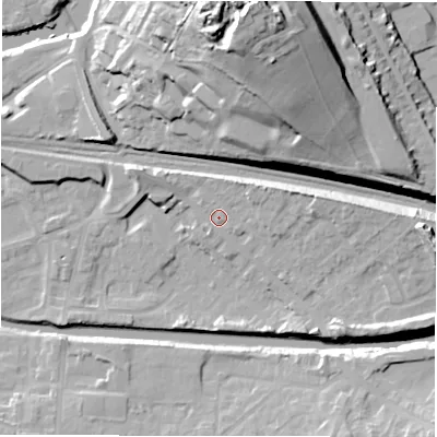 Shaded relief map of the ground around WF129DL, computed from Environment Agency LiDAR. The ground here sits at about 43 m above sea level and falls 41 m across the surrounding 800 m. Surface water reaching this point runs off ground lying to the east-north-east, 4.8 m higher.