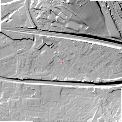 Shaded relief map of the ground around WF129DQ, computed from Environment Agency LiDAR. The ground here sits at about 40 m above sea level and falls 38 m across the surrounding 800 m. Surface water reaching this point runs off ground lying to the east-north-east, 11.5 m higher.