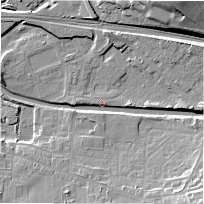 Shaded relief map of the ground around WF129DX, computed from Environment Agency LiDAR. The ground here sits at about 41 m above sea level and falls 27 m across the surrounding 800 m. Surface water reaching this point runs off ground lying to the south-east, 22.6 m higher.