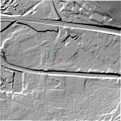 Shaded relief map of the ground around WF129DY, computed from Environment Agency LiDAR. The ground here sits at about 39 m above sea level and falls 31 m across the surrounding 800 m. Surface water reaching this point runs off ground lying to the east-north-east, 10.6 m higher.