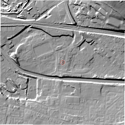 Shaded relief map of the ground around WF129DZ, computed from Environment Agency LiDAR. The ground here sits at about 40 m above sea level and falls 39 m across the surrounding 800 m. Surface water reaching this point runs off ground lying to the south, 2.8 m higher.