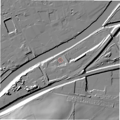 Shaded relief map of the ground around WF129EA, computed from Environment Agency LiDAR. The ground here sits at about 42 m above sea level and falls 38 m across the surrounding 800 m. Surface water reaching this point runs off ground lying to the south-south-west, 9.1 m higher.