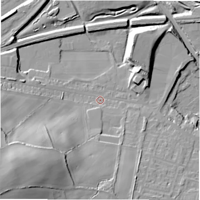 Shaded relief map of the ground around WF129EE, computed from Environment Agency LiDAR. The ground here sits at about 44 m above sea level and falls 44 m across the surrounding 800 m. Surface water reaching this point runs off ground lying to the south-west, 37.9 m higher.