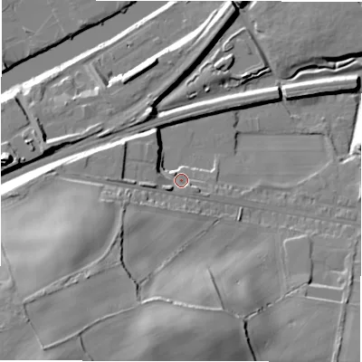 Shaded relief map of the ground around WF129EF, computed from Environment Agency LiDAR. The ground here sits at about 45 m above sea level and falls 51 m across the surrounding 800 m. Surface water reaching this point runs off ground lying to the west, 6.7 m higher.