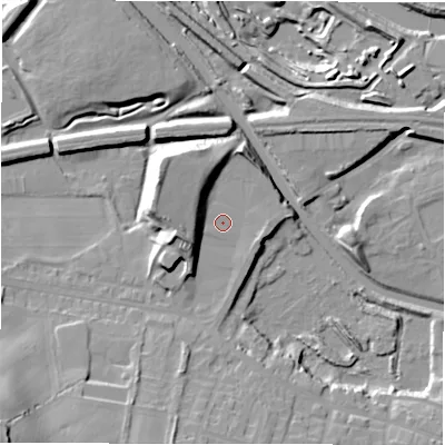 Shaded relief map of the ground around WF129EJ, computed from Environment Agency LiDAR. The ground here sits at about 43 m above sea level and falls 33 m across the surrounding 800 m. Surface water reaching this point runs off ground lying to the west-south-west, 9.5 m higher.