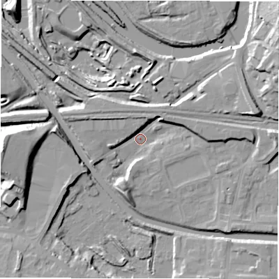 Shaded relief map of the ground around WF129EL, computed from Environment Agency LiDAR. The ground here sits at about 38 m above sea level and falls 22 m across the surrounding 800 m. Surface water reaching this point runs off ground lying to the south-south-west, 7.8 m higher.