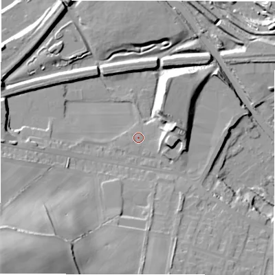 Shaded relief map of the ground around WF129EQ, computed from Environment Agency LiDAR. The ground here sits at about 43 m above sea level and falls 49 m across the surrounding 800 m. Surface water reaching this point runs off ground lying to the south, 12.7 m higher.
